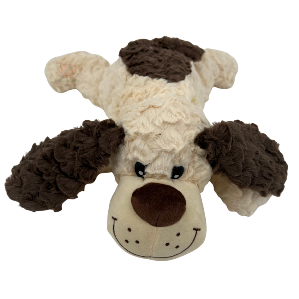 Liegender weiß-dunkelbrauner Plüschhund mit großen Schlappohren und dunkelbraunem Nasen-Patch, ca. 42 cm